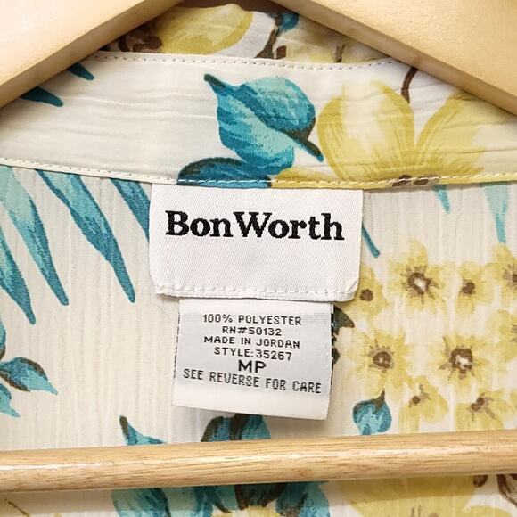 Bonworth Floral Shirt Size Medium P Hawaiian Button Down Silky Polyester Travel​ - Picture 3 of 6